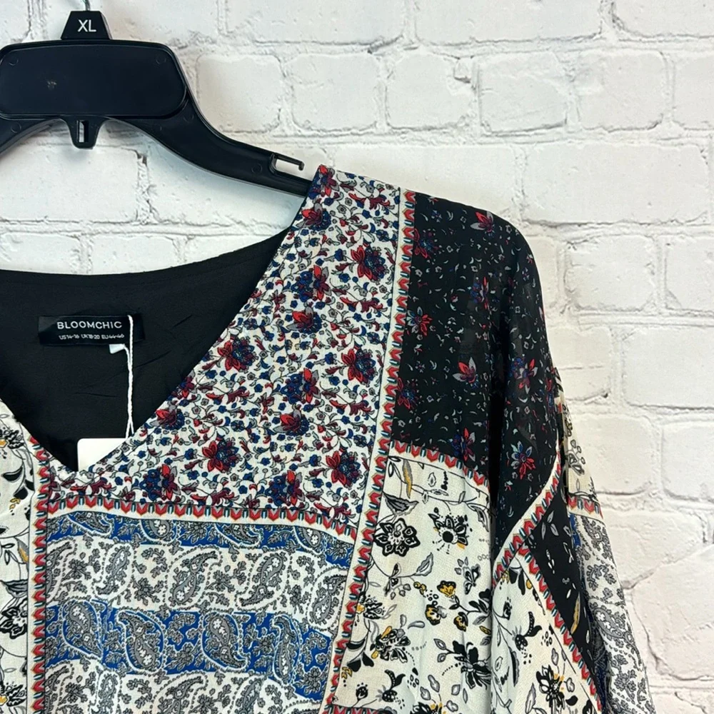 BloomChic Patchwork Pattern Flowy Elastic Waist Shark Bite Hem Top Plus Size 1X - Picture 3 of 8